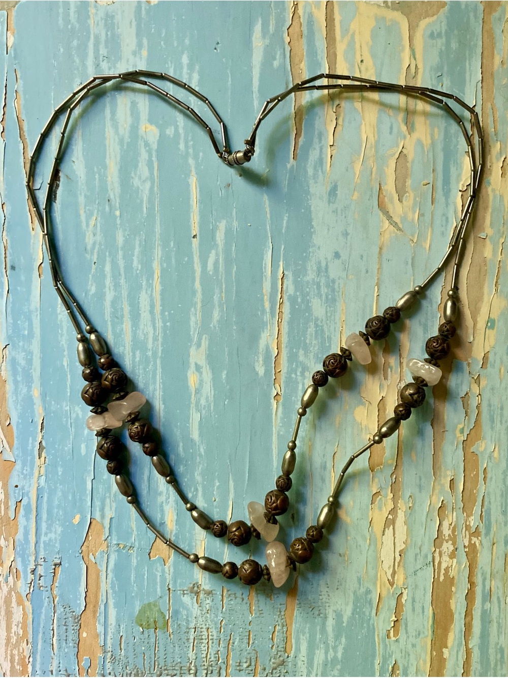 Multistrand Wood Beaded Necklace with Rose-Carved Accents